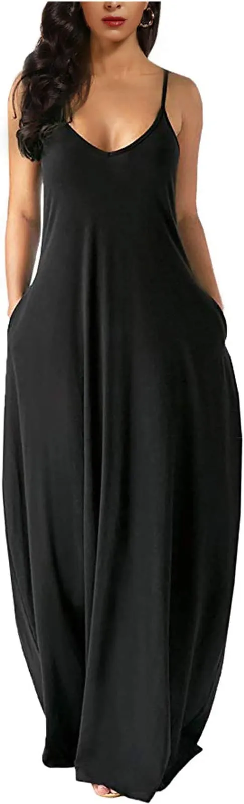 Black Womens Casual Sleeveless Plus Size Loose Plain Long Maxi Dress with Pockets - Wolddress