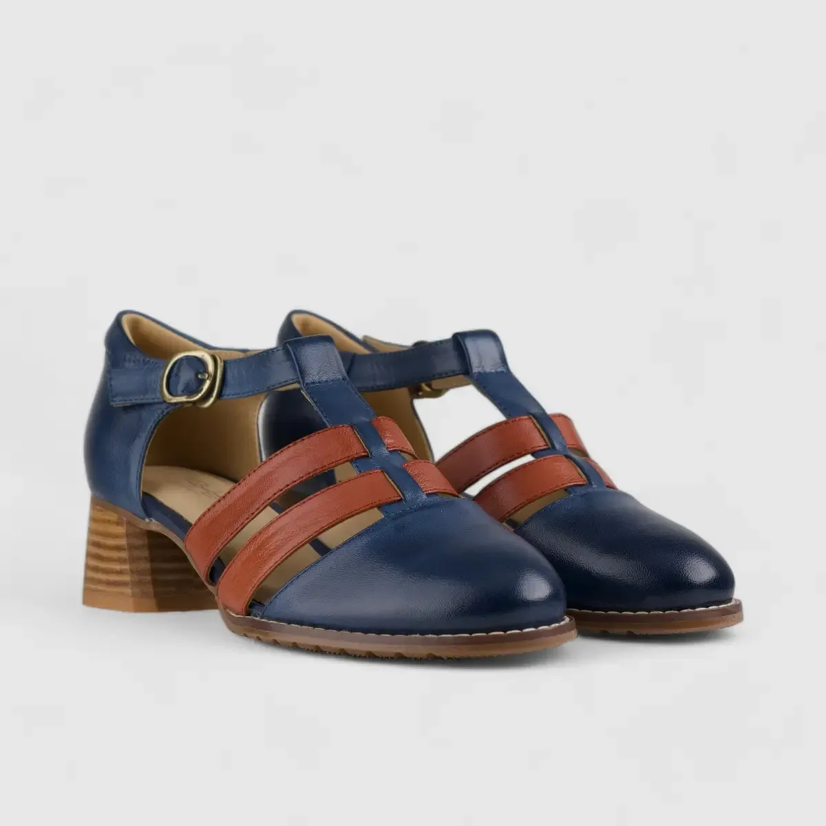 Bulbul Leather Block Heel Blue/Red K058-12