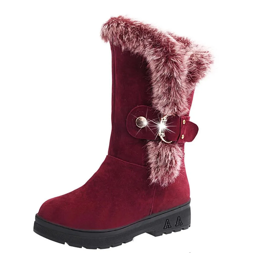 Fur lining mid calf snow boots low heel winter boots for women