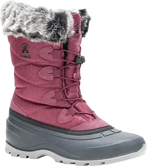 Kamik Momentum3 Burgundy Pull On Rounded Toe Waterproof Fur Trim Ankle Snow Boot