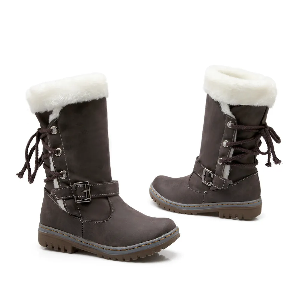 Mid Calf Boots Buckle Fur Lining Flat Snow Boots For Women
