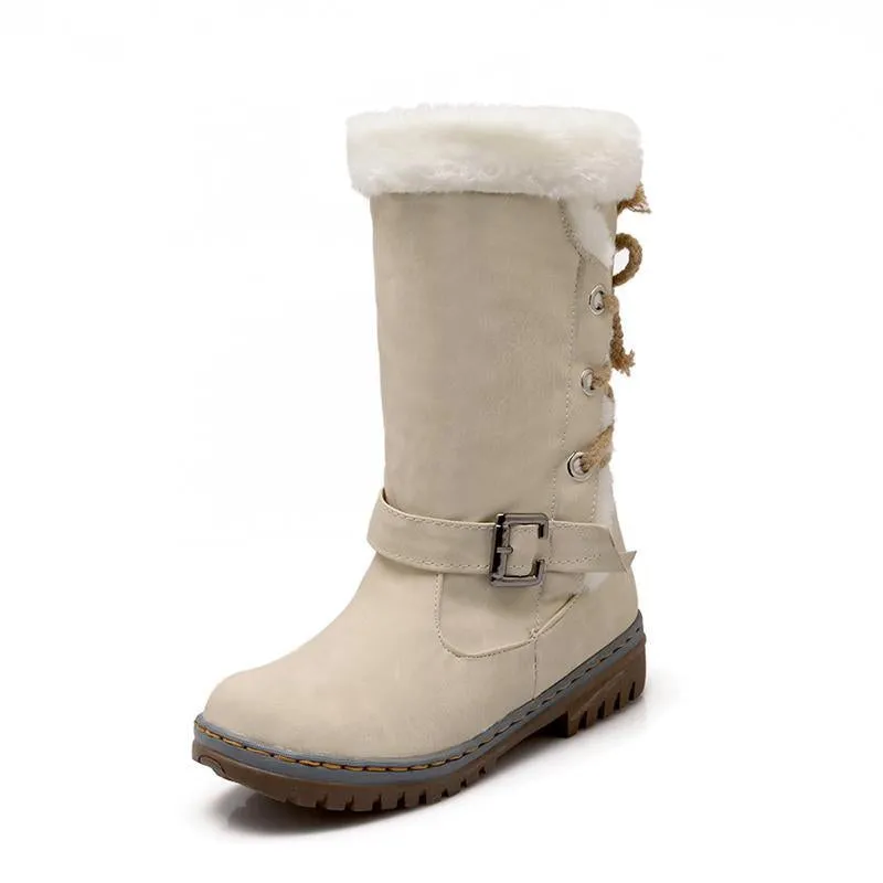 Mid Calf Boots Buckle Fur Lining Flat Snow Boots For Women