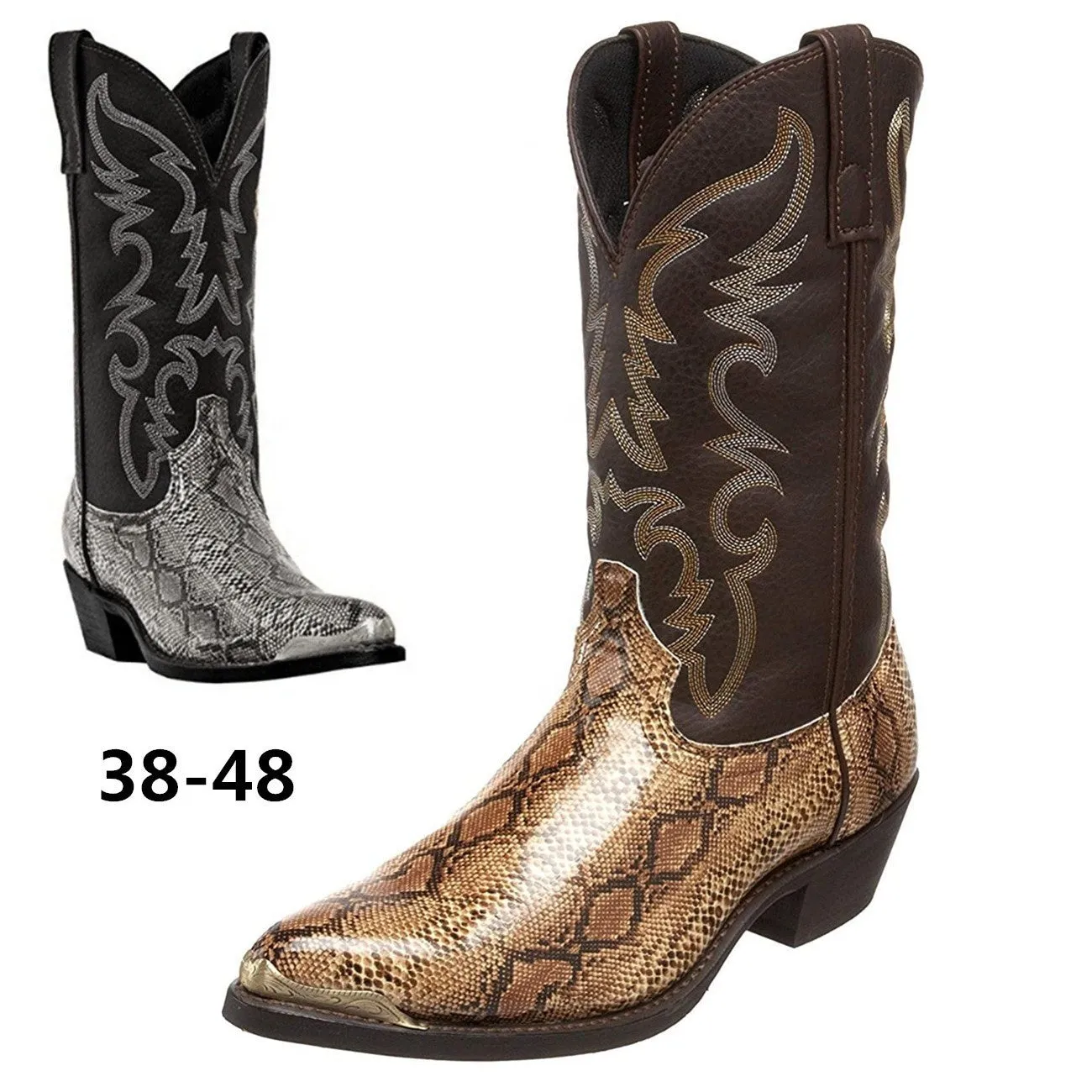 Unisex Men's Middle Tube Cowboy Biker Boots Embroidery Snake Pattern Boots
