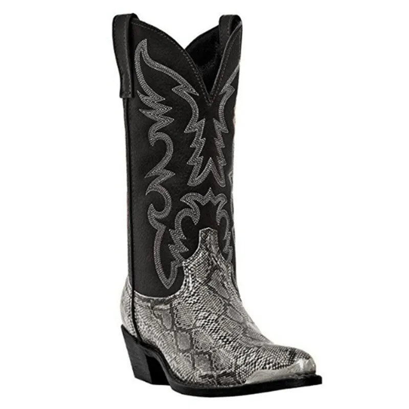 Unisex Men's Middle Tube Cowboy Biker Boots Embroidery Snake Pattern Boots