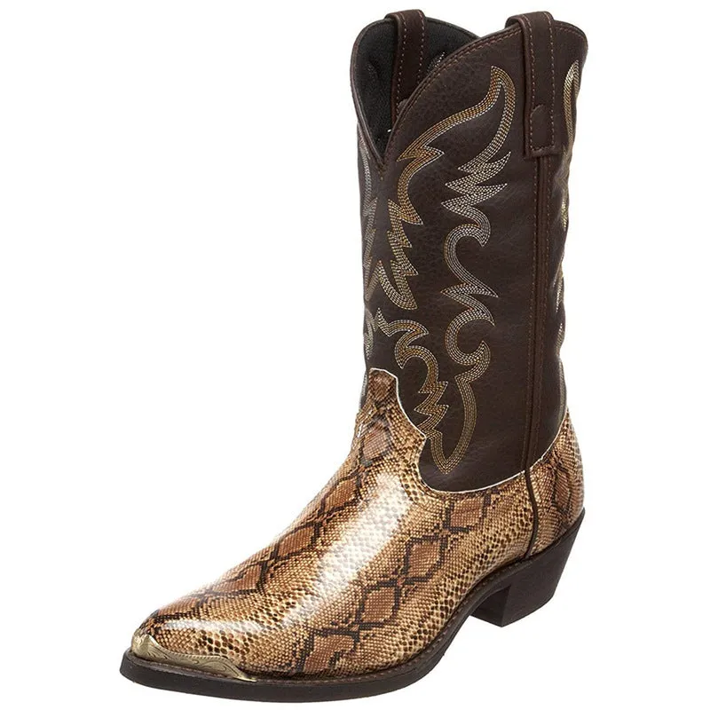 Unisex Men's Middle Tube Cowboy Biker Boots Embroidery Snake Pattern Boots