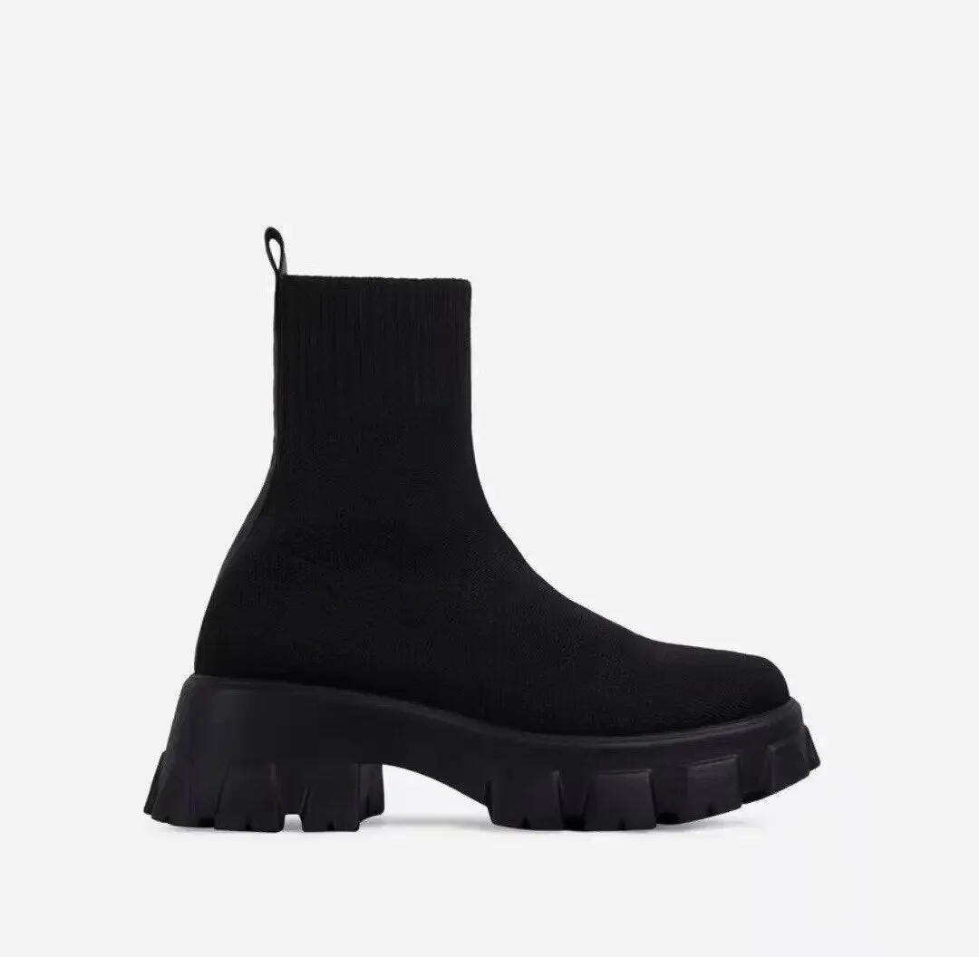 Women Boots Chunky Sole and Fabric Uppers